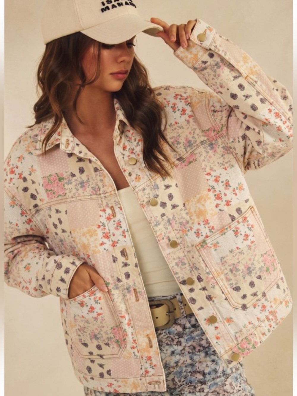 F37–(ETA 9/7) 🌸 Neutral Multi Patchwork Jean Jacket with Buttons&Pockets 🧥